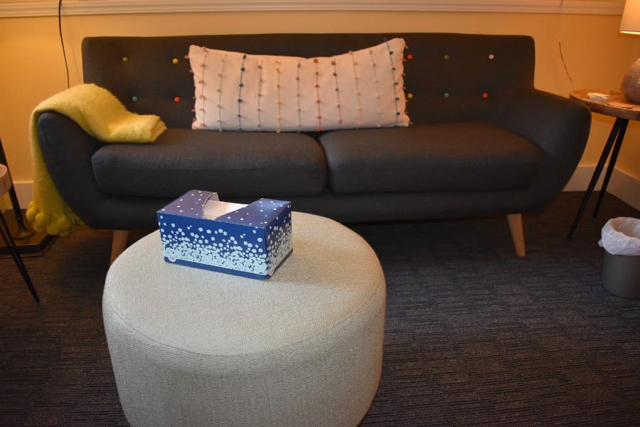 Muffy Ruben's therapeutic practice with comfy couch and tissues